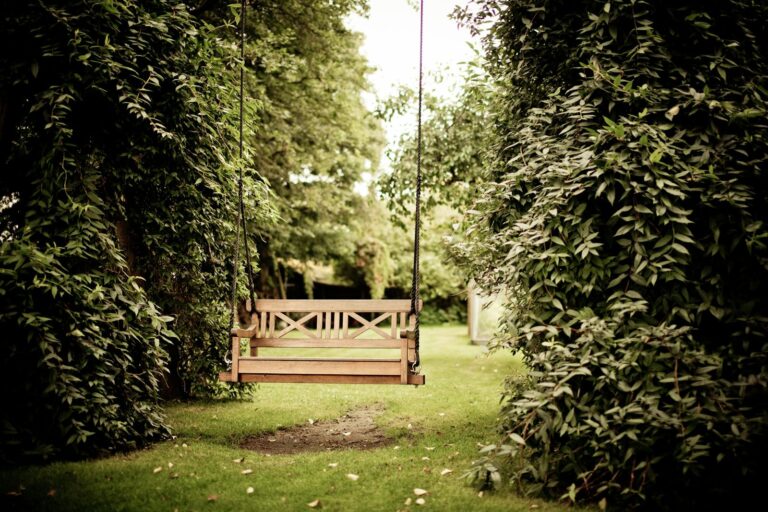 A tranquil wooden swing hanging in a verdant garden setting, ideal for relaxation.