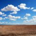 Expansive rural field with fluffy clouds and a clear blue sky.