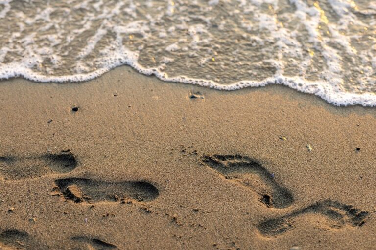 footprints, beach, sand